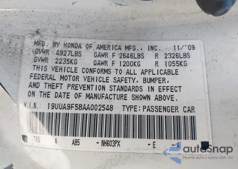 2010 Acura Tl 3.7 из США, поврежденный, VIN 19UUA9F58AA002548